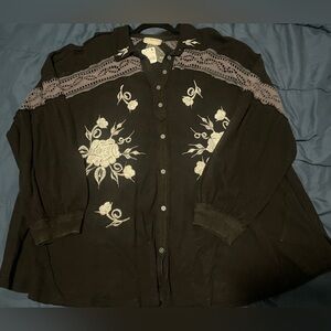 NWT Free People Embroidered Button Up Long Sleeve